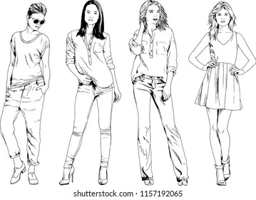 vector drawings on the theme of beautiful slim sporty girl in casual clothes in various poses painted ink hand sketch with no background