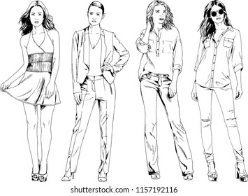 vector drawings on the theme of beautiful slim sporty girl in casual clothes in various poses painted ink hand sketch with no background
