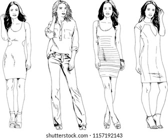 vector drawings on the theme of beautiful slim sporty girl in casual clothes in various poses painted ink hand sketch with no background