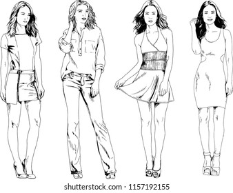 vector drawings on the theme of beautiful slim sporty girl in casual clothes in various poses painted ink hand sketch with no background
