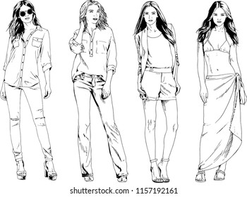 vector drawings on the theme of beautiful slim sporty girl in casual clothes in various poses painted ink hand sketch with no background