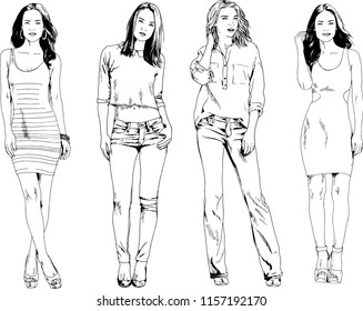 vector drawings on the theme of beautiful slim sporty girl in casual clothes in various poses painted ink hand sketch with no background