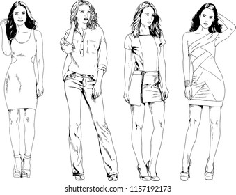 vector drawings on the theme of beautiful slim sporty girl in casual clothes in various poses painted ink hand sketch with no background