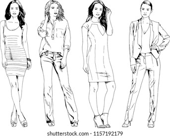 vector drawings on the theme of beautiful slim sporty girl in casual clothes in various poses painted ink hand sketch with no background