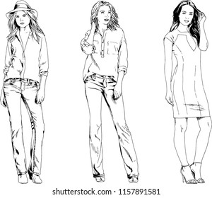 vector drawings on the theme of beautiful slim sporty girl in casual clothes in various poses painted ink hand sketch with no background