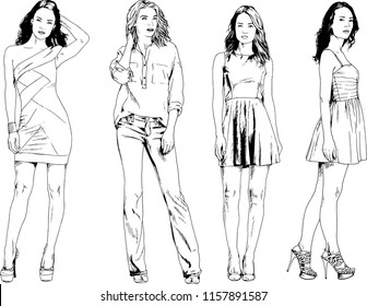 vector drawings on the theme of beautiful slim sporty girl in casual clothes in various poses painted ink hand sketch with no background