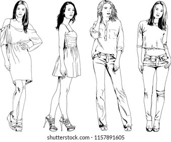 vector drawings on the theme of beautiful slim sporty girl in casual clothes in various poses painted ink hand sketch with no background