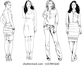vector drawings on the theme of beautiful slim sporty girl in casual clothes in various poses painted ink hand sketch with no background
