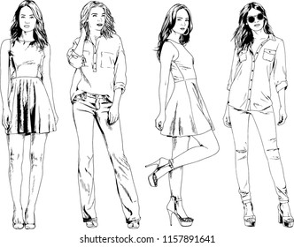 vector drawings on the theme of beautiful slim sporty girl in casual clothes in various poses painted ink hand sketch with no background