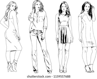 vector drawings on the theme of beautiful slim sporty girl in casual clothes in various poses painted ink hand sketch with no background