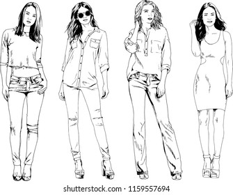 vector drawings on the theme of beautiful slim sporty girl in casual clothes in various poses painted ink hand sketch with no background