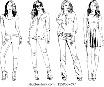 vector drawings on the theme of beautiful slim sporty girl in casual clothes in various poses painted ink hand sketch with no background