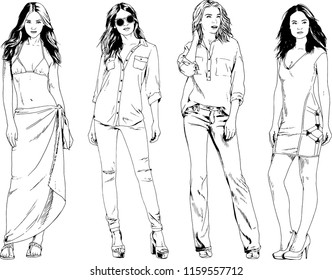 vector drawings on the theme of beautiful slim sporty girl in casual clothes in various poses painted ink hand sketch with no background