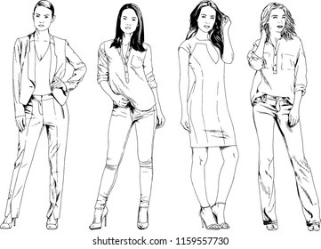 vector drawings on the theme of beautiful slim sporty girl in casual clothes in various poses painted ink hand sketch with no background