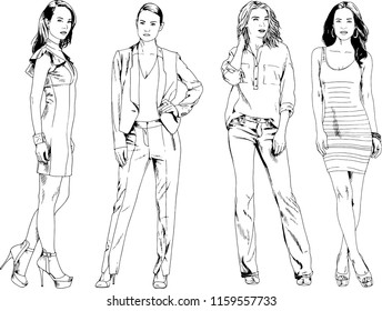vector drawings on the theme of beautiful slim sporty girl in casual clothes in various poses painted ink hand sketch with no background