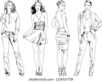 vector drawings on the theme of beautiful slim sporty girl in casual clothes in various poses painted ink hand sketch with no background
