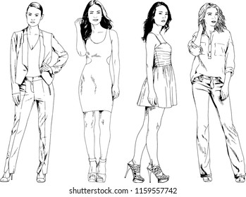 vector drawings on the theme of beautiful slim sporty girl in casual clothes in various poses painted ink hand sketch with no background