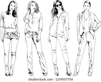 vector drawings on the theme of beautiful slim sporty girl in casual clothes in various poses painted ink hand sketch with no background