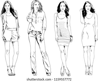 vector drawings on the theme of beautiful slim sporty girl in casual clothes in various poses painted ink hand sketch with no background