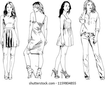 vector drawings on the theme of beautiful slim sporty girl in casual clothes in various poses painted ink hand sketch with no background