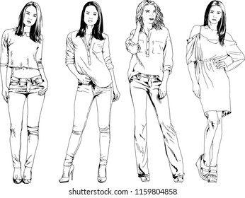 vector drawings on the theme of beautiful slim sporty girl in casual clothes in various poses painted ink hand sketch with no background
