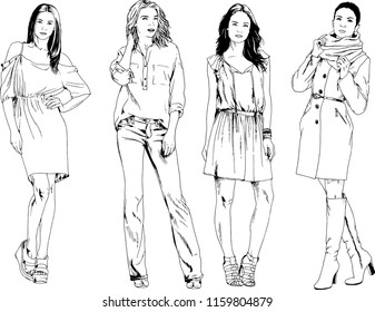 vector drawings on the theme of beautiful slim sporty girl in casual clothes in various poses painted ink hand sketch with no background