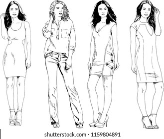 vector drawings on the theme of beautiful slim sporty girl in casual clothes in various poses painted ink hand sketch with no background