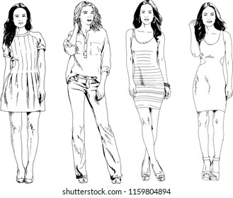 vector drawings on the theme of beautiful slim sporty girl in casual clothes in various poses painted ink hand sketch with no background
