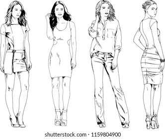 vector drawings on the theme of beautiful slim sporty girl in casual clothes in various poses painted ink hand sketch with no background