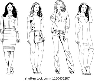 vector drawings on the theme of beautiful slim sporty girl in casual clothes in various poses painted ink hand sketch with no background