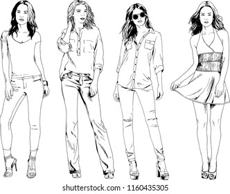 vector drawings on the theme of beautiful slim sporty girl in casual clothes in various poses painted ink hand sketch with no background