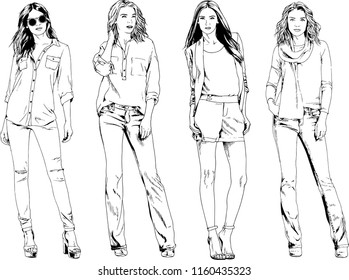 vector drawings on the theme of beautiful slim sporty girl in casual clothes in various poses painted ink hand sketch with no background