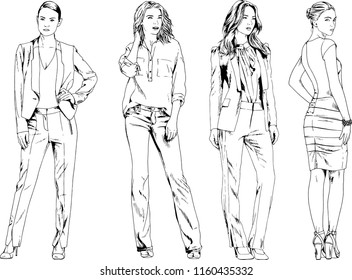 vector drawings on the theme of beautiful slim sporty girl in casual clothes in various poses painted ink hand sketch with no background