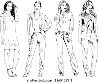vector drawings on the theme of beautiful slim sporty girl in casual clothes in various poses painted ink hand sketch with no background