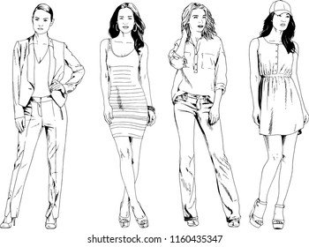 vector drawings on the theme of beautiful slim sporty girl in casual clothes in various poses painted ink hand sketch with no background