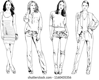 vector drawings on the theme of beautiful slim sporty girl in casual clothes in various poses painted ink hand sketch with no background