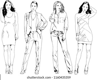 vector drawings on the theme of beautiful slim sporty girl in casual clothes in various poses painted ink hand sketch with no background