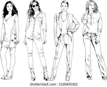 vector drawings on the theme of beautiful slim sporty girl in casual clothes in various poses painted ink hand sketch with no background