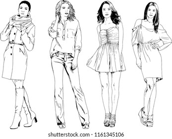 vector drawings on the theme of beautiful slim sporty girl in casual clothes in various poses painted ink hand sketch with no background