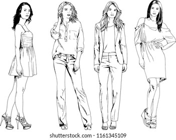 vector drawings on the theme of beautiful slim sporty girl in casual clothes in various poses painted ink hand sketch with no background