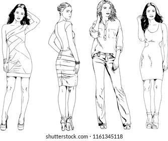 vector drawings on the theme of beautiful slim sporty girl in casual clothes in various poses painted ink hand sketch with no background
