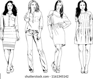 vector drawings on the theme of beautiful slim sporty girl in casual clothes in various poses painted ink hand sketch with no background