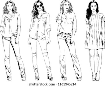 vector drawings on the theme of beautiful slim sporty girl in casual clothes in various poses painted ink hand sketch with no background