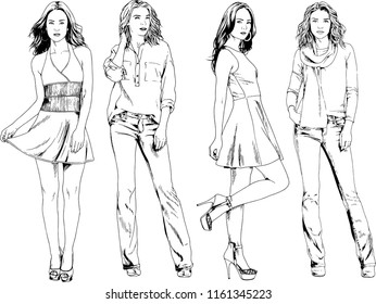vector drawings on the theme of beautiful slim sporty girl in casual clothes in various poses painted ink hand sketch with no background