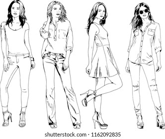 vector drawings on the theme of beautiful slim sporty girl in casual clothes in various poses painted ink hand sketch with no background