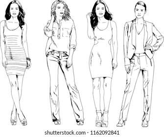 vector drawings on the theme of beautiful slim sporty girl in casual clothes in various poses painted ink hand sketch with no background