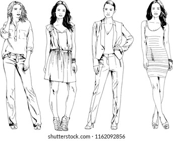 vector drawings on the theme of beautiful slim sporty girl in casual clothes in various poses painted ink hand sketch with no background