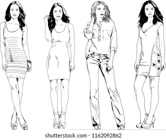 vector drawings on the theme of beautiful slim sporty girl in casual clothes in various poses painted ink hand sketch with no background