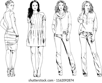 vector drawings on the theme of beautiful slim sporty girl in casual clothes in various poses painted ink hand sketch with no background