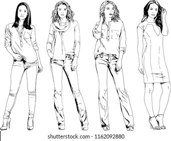 vector drawings on the theme of beautiful slim sporty girl in casual clothes in various poses painted ink hand sketch with no background